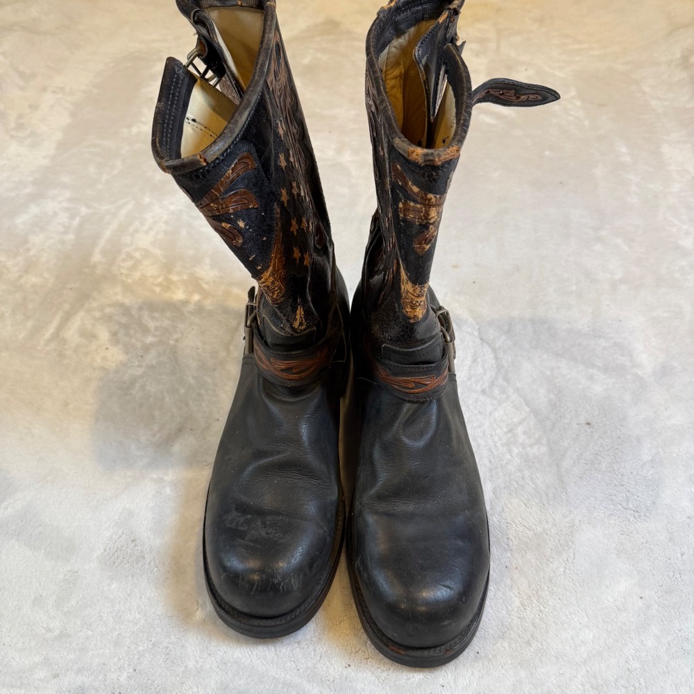 Vintage Mens Black Leather Eagle Star Tooled Motorcycle Boots 11 E 7042 - Picture 3 of 7